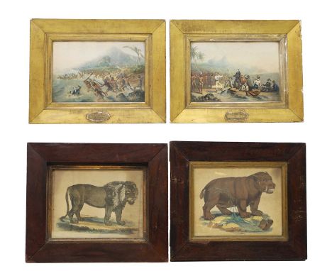 After George Baxter ‘The Reception’ and ‘The Massacre’ a pair of Baxter prints, in gilt frames 36 x 46cm, and a pair of colou