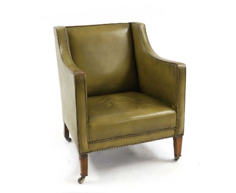 An Edwardian green leather and mahogany framed armchair 20th century, with brass studwork, raised on castors, 70cm wide 74cm 
