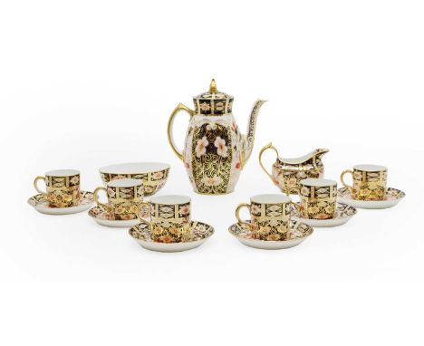 A Crown Derby 'Imari' porcelain coffee service early 20th century, pattern 2451, comprising six coffee cans, six saucers, a c