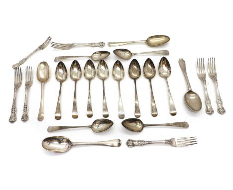 A collection of silver flatware to include a set of twelve dessert spoons, by William Hannay, Edinburgh 1806, a set of six Ki