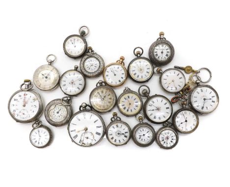 A group of twenty silver pocket and fob watches to include Swiss examples, marked 935, another with enamelled decoration, a W