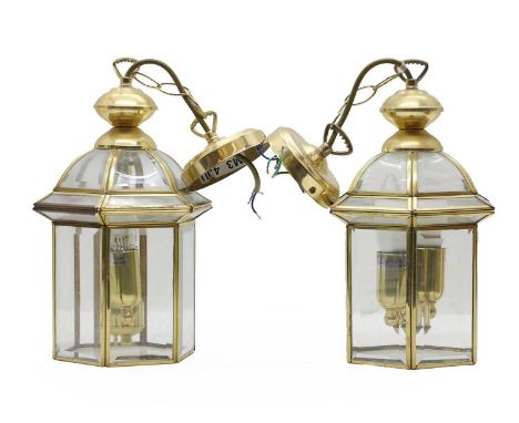 Two brass hall lantern lights 20th century, 15cm wide15cm deep48cm highCondition ReportPAT passed.