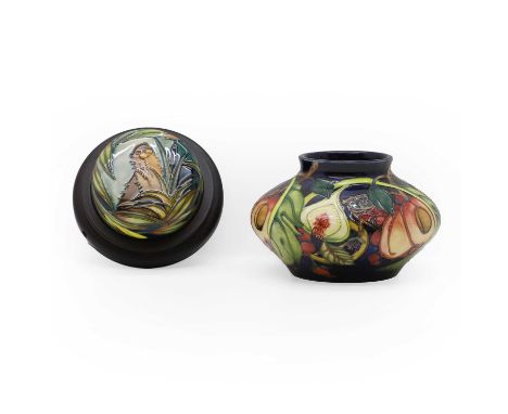 A Moorcroft pottery vase in the Queens Choice pattern, of squat form, designed by Emma Bossons vase, the base initialled WM 2