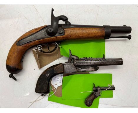 A Continental military style percussion pistol 19th centurywalnut framed20cm barreltogether with a Continental double barrel 