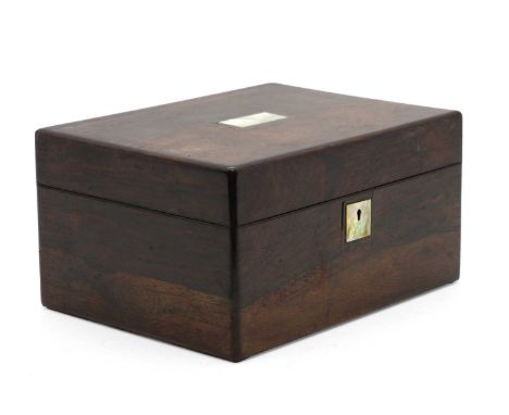 A Victorian rosewood vanity case mid-19th century, of rectangular form with mother-of-pearl inlay. some glass and white metal