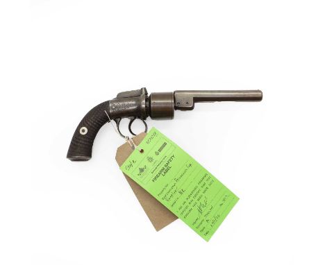 A six shot transitional percussion revolver English, .32 calibre, the octagonal barrel, engraved lockplate, two piece chequer