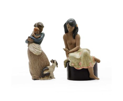 Two Lladro figures, modern, a nude seated on a plinth, with a floral robe, 33.5cm high, and a a Lladro mother and child, with