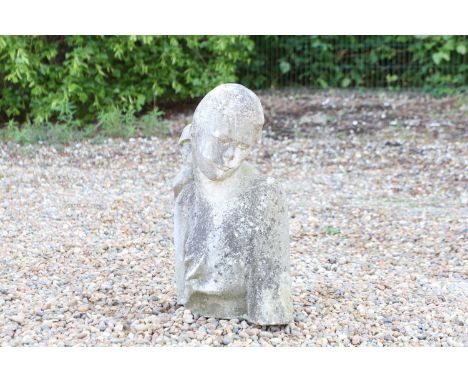 A hand carved marble bust of a young girl, signed and dated 'RC '76', 36cm wide34cm deep61cm highCondition ReportWith chips a