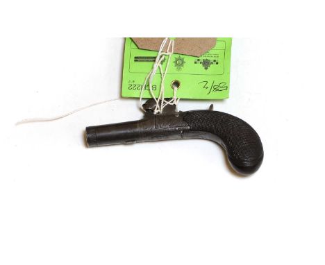 A ladies muff percussion pistol  F Lewis, circa 1840 with engraved lockplate and chequered grip 4cm barrel  Provenance : from