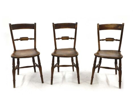 A set of three beech and elm Oxford chairs 19th century, with bar backs above solid seats on stretchered turned supports,39cm