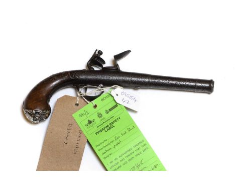 A cannon barrel flintlock percussion pistol  English circa 1790, with queen style silver mask to butt 20cm barrel  Provenance