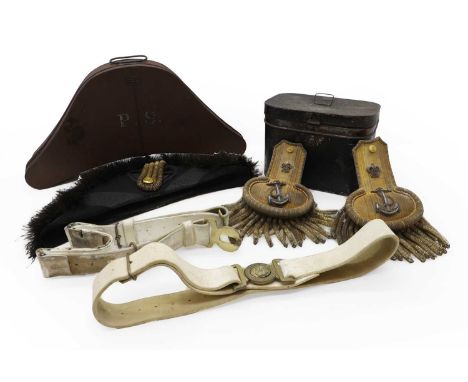 A military dress bicorn housed in a toleware case initialled P.S. with Calcutta stamp50cm widetogether with a cased pair of V