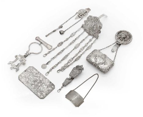 A collection of silver and silver plated items comprising four chatelaine, to include two silver examples, one chased with li