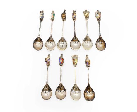The Queen's Beasts silver and enamel spoons collection by Toye, Kenning &amp; Spencer, Birmingham 1977, ten silver spoons, 14