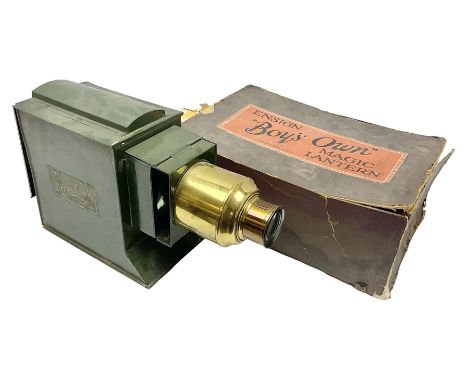 Butchers "Boys Own" Magic Lantern, early 20th Century of typical form with green painted exterior and brass bound lens; toget