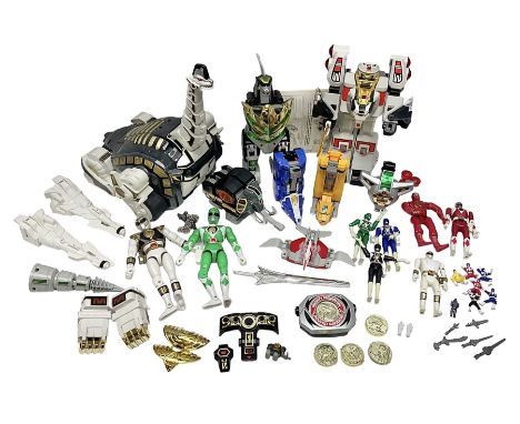 Collection of early 90s Mighty Morphin' Power Rangers Zords, figures and accessories. Titanus the Carrier Zord, marked Bandai