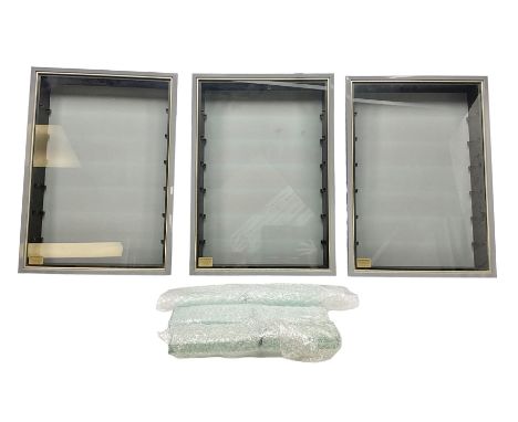 Set of three wall mounting model display vases, each in black and grey with removable glazed door enclosing six plate glass s