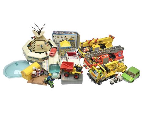 Collection of 1980s/90s Playmobil - vehicles including Fire-Engine No.21, Mobil Crane No.28, Quick Service Truck No.1 with tr