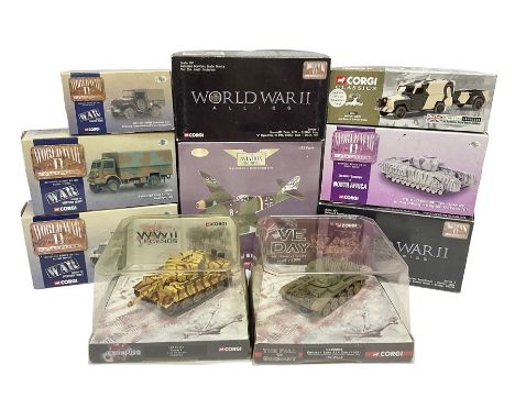 Ten Corgi Military models - Aviation Archive AA35706 Birth of the Jet Engine; WWII Legends CC60502 Tiger 1 Tank; VE Day CC606