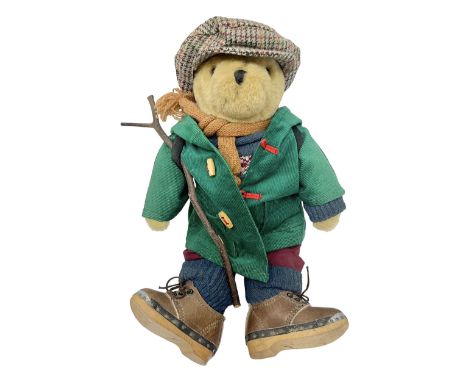 Lakeland Bears teddy bear, titled 'Walkright', dressed as a hiker in green corduroy duffle coat over fair isle jumper, trouse