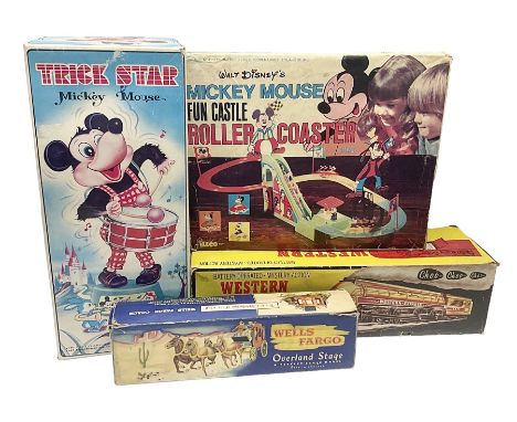 Mickey Mouse Trick Star battery operated drummer figure; Illco Mickey Mouse battery operated Fun Castle Roller Coaster; batte