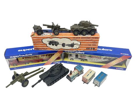 Crescent Saladin Armoured Patrol Set; boxed; unboxed Dinky Leopard Tank and American 105mm gun; two Corgi Superhaulers - TY86