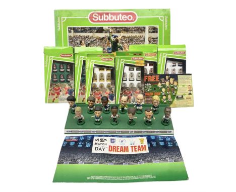 Subbuteo - table football game with plain red and blue teams; looks to be unused in box; six individually boxed additional te