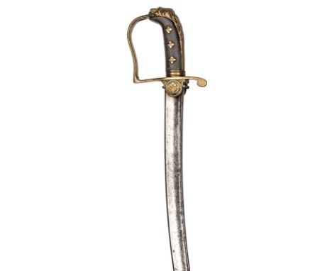 A late 18th century light infantry or light company officer’s sword,  curved shallow fullered blade 33”, with rounded back, n