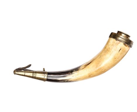 A cowhorn flask for the Baker Rifle, 10½” overall (small size, possibly officers), brass base with screw filler cap, sprung c