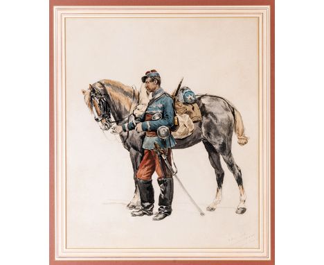 †A pair of well detailed watercolour paintings of French Third Empire Cavalry by the famous French military artist Edouard De