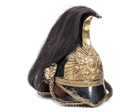 An officer’s helmet, 1843-49, of Prince Albert’s Own Corps of Norfolk Yeomanry, black painted steel skull, front and rear pea