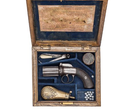 A 6 shot 160 bore self cocking bar hammer percussion pepperbox revolver,  6¾” overall, barrels 2¼” with Birmingham proofs, wi