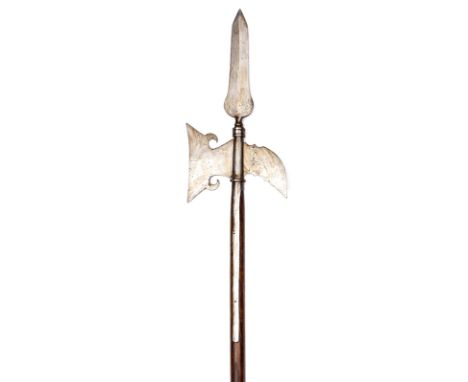 A late 18th century English sergeant’s halberd, steel spear blade 9½”, to tip with axe blade and peak below, mounted on long 