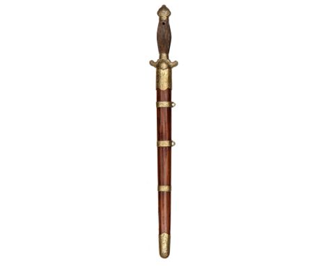 A Chinese shortsword,  shallow diamond section blade 16½”, fluted swollen darkwood grip, polished darkwood scabbard, brass po