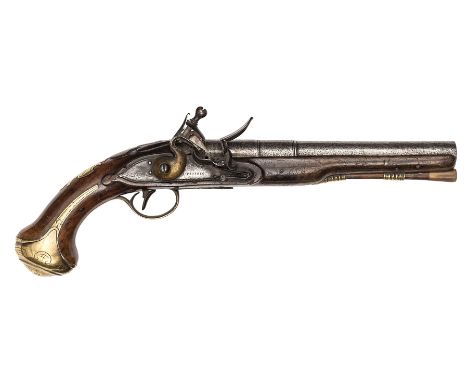 A 16 bore flintlock holster pistol by John Probin,    c 1770,  15” overall, 3 stage barrel 9” with London proofs, the signed 