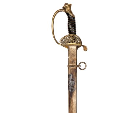 A Saxony NCO’s sword, straight fullered blade 30½”, brass hilt with pierced turn up sideguard incorporating Saxony Arms and s