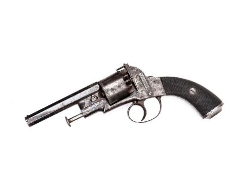 A 6 shot 80 bore open wedge frame self cocking percussion revolver, 9” overall, octagonal barrel 4½” with Birmingham proofs a