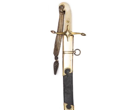 †A 19th century officer’s mameluke hilted sword, probably Indian Army,  curved, pipe backed blade 33”, double fullered for 9”