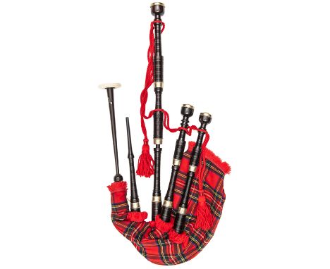 A good quality set of Scottish bagpipes by R G Lawrie Limited,  turned wood chanter and drones, ivory mounts, tartan bag and 