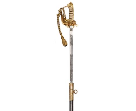 An Elizabeth II naval officer’s sword, straight fullered blade 31", with Solingen squirrel mark at forte, etched with crowned