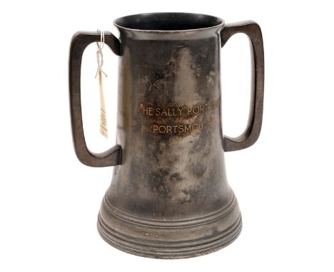 A large 2 handled pewter tankard, engraved with monogram A & CI on one side and “The Sally Port Inn, Portsmouth” on the other