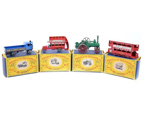 4 1st series Matchbox Yesteryear. No1 Allchin 7NHP Traction Engine. No2 ‘B’ Type Bus, No3 ‘E’ Class Tramcar and No4 Sentinel 