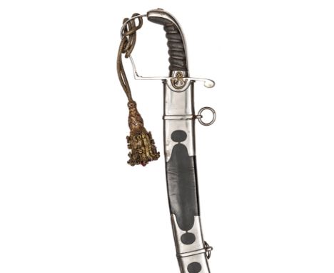 A light company officer’s sword,  flat, sharply curved blade 29”, steel stirrup hilt with shallow langets, the outer one bear