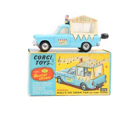 Corgi Toys Musical Wall’s Ice Cream Van on Ford Thames (474). In light blue and cream livery. Chimes in working order. Boxed,