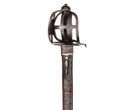 A mid 18th century backsword,  blade 33” with slightly offset twin back fullers, steel half basket guard, with plain squared 
