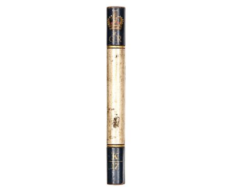 A Geo III tipstaff, stated to be Scottish, of slender cylindrical form, painted dark blue/ grey/ dark blue, the ends with cro