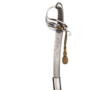 †A cavalry officer’s sword of the King’s German Legion, curved, fullered blade 32”, with narrow back fuller inscribed monogra