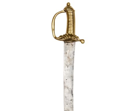 A late 18th century French infantry sidearm, broad flat curved blade 22”, solid brass hilt, plain rounded flattened knucklebo