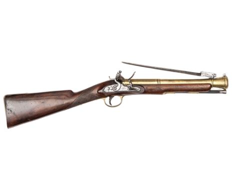 A brass barrelled flintlock blunderbuss with top spring bayonet, by W. Bond, London, c 1820,  30” overall, bell mouth barrel 