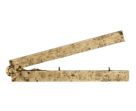 A late 18th century French gunner’s folding brass rule, 13¾” open, engraved with maker’s name “Langlois, Paris”, and with var